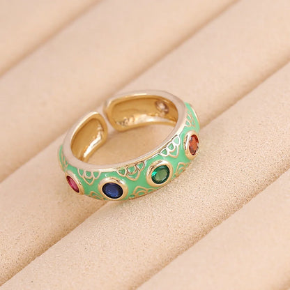 Women Retro Vintage Metal Flower Copper Oil Dripping Rings