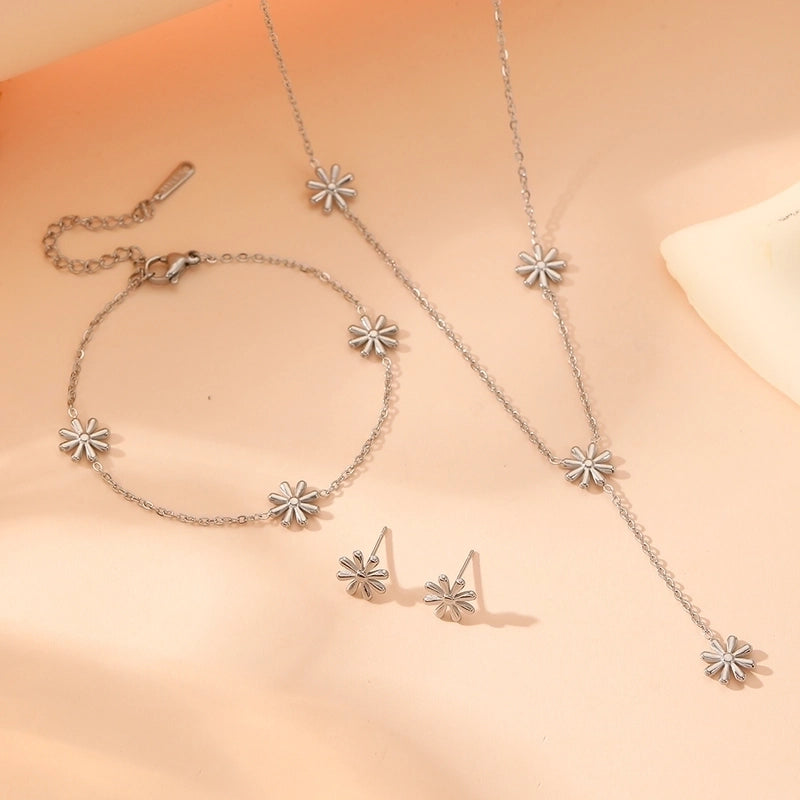 Sweet Minimalist Flower Titanium Steel 18K Gold Plated Bracelets Necklace Jewelry Set