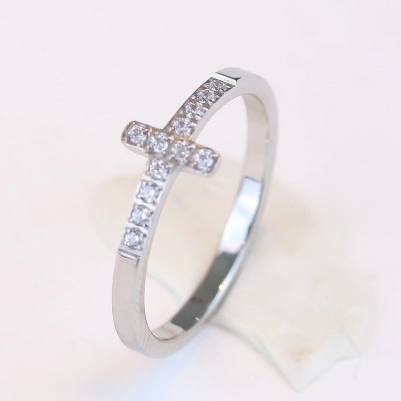Minimalist Cross Titanium Steel Inlay Rhinestones Rings 1 Piece