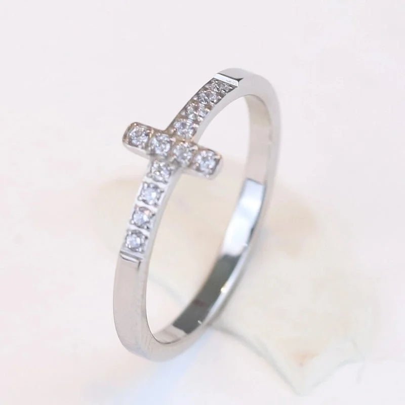 Minimalist Cross Titanium Steel Inlay Rhinestones Rings 1 Piece