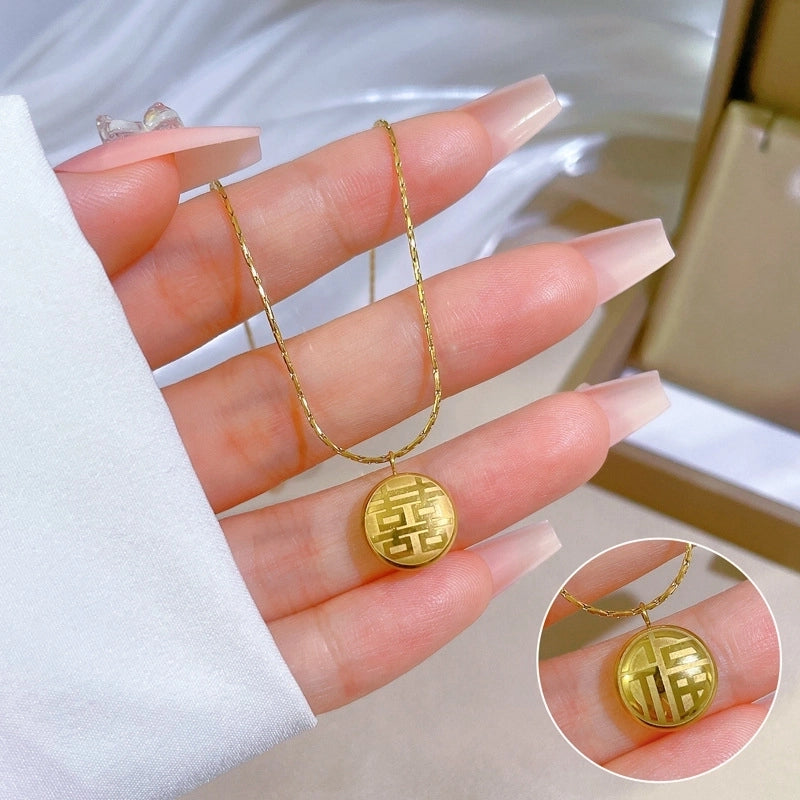 Casual Commute Geometric Titanium Steel Shell Zircon Inlay Pendant Necklace