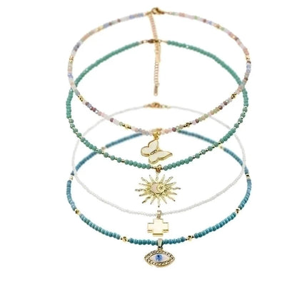 2 Pieces Elegant Lady Devil\'S Eye Butterfly 304 Stainless Steel Artificial Crystal Turquoise Gold Plated Pendant Necklace In Bulk