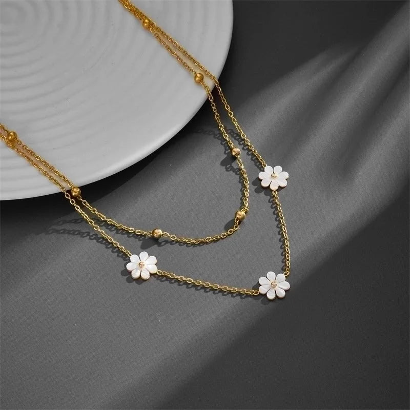 Titanium Steel 18K Gold Plated Sweet Pastoral Plating Flower Acrylic Layered Necklaces