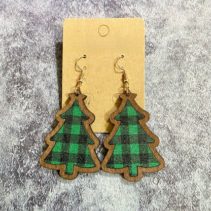 1 Pair Retro Christmas Tree Plaid Wood Drop Earrings