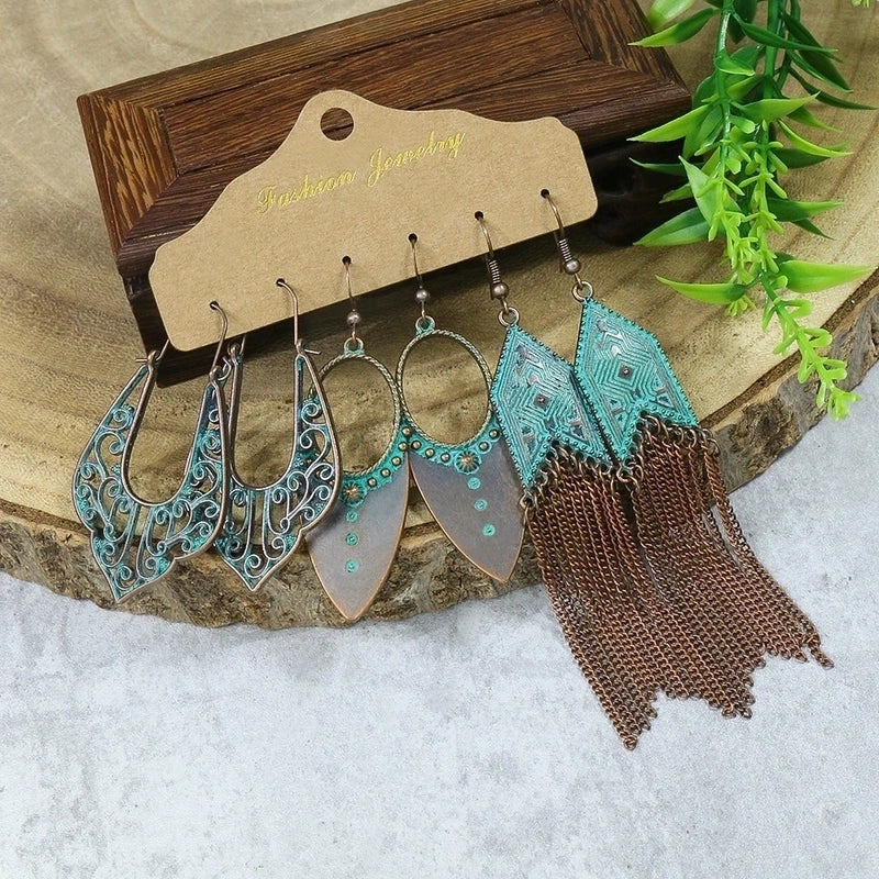 Hot 3-piece Vintage Red Earrings Set Geometric Turquoise Tassel Bohemian Minority Earrings