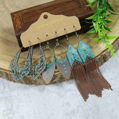 Hot 3-piece Vintage Red Earrings Set Geometric Turquoise Tassel Bohemian Minority Earrings