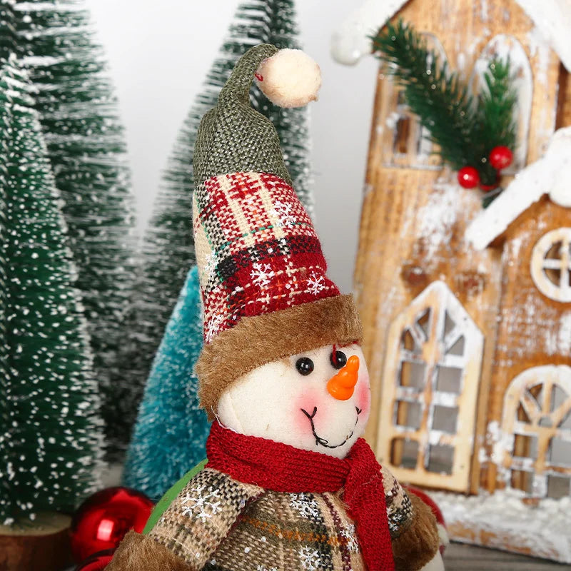 12 Pieces Christmas Snowman Reindeer Christmas Tree Decoration Doll Pendant Plaid Cloth Button Plush Doll Pendant Ornament