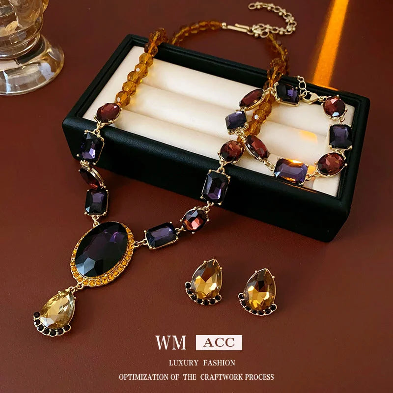 Women Luxurious Bell Ellipse Quadrilateral Round Heart Droplet Alloy Diamond Inlay Jewelry Sets