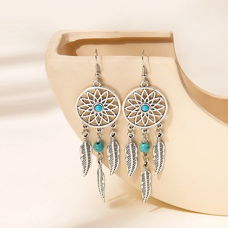 Bohemian Blue Turquoise National Style Earrings Imitation Miao Silver Metal Earrings Vintage Tassel Earrings