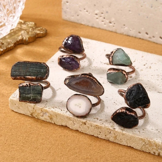 Gem Stone Copper Asymmetrical Inlay Geometric Gem Argyle Natural Stone Gem Crystal Open Rings