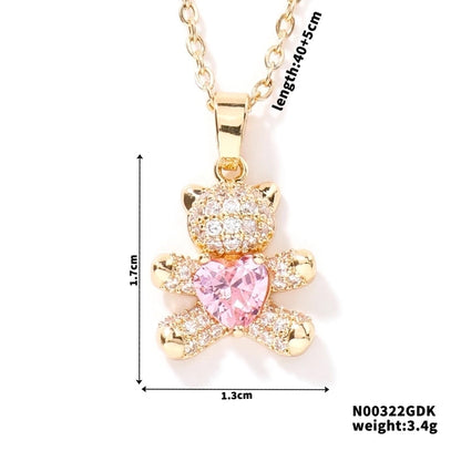 304 Stainless Steel Copper Rhodium Plated Inlay Bear Heart Shape Glass Zircon Pendant Necklace