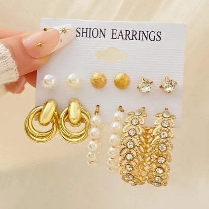 Retro Round Alloy Plating Artificial Pearls Women\'s Earrings Ear Studs 6-piece Set