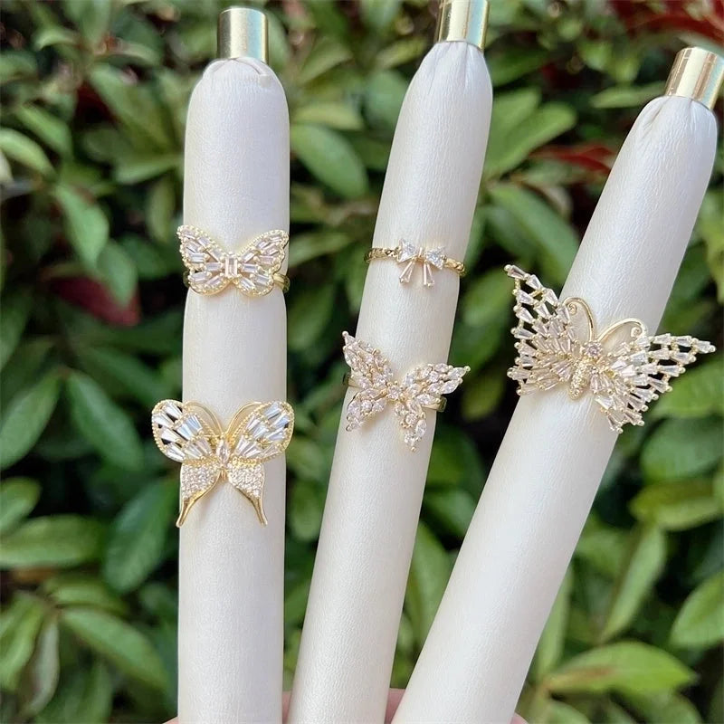 Copper 18K Gold Plated Inlay Butterfly Bow Knot Zircon Open Rings