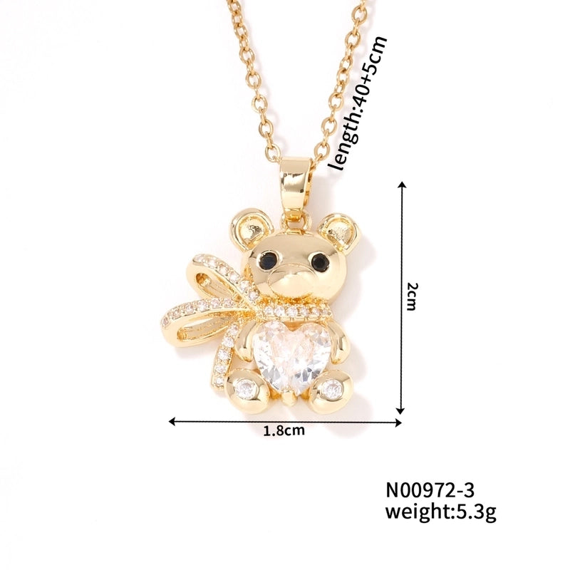 304 Stainless Steel Copper Rhodium Plated Inlay Bear Heart Shape Glass Zircon Pendant Necklace