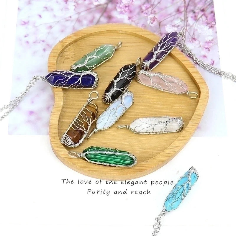 Minimalist Hexagon Prism Natural Stone Ferroalloy Knitting Pendant Necklace