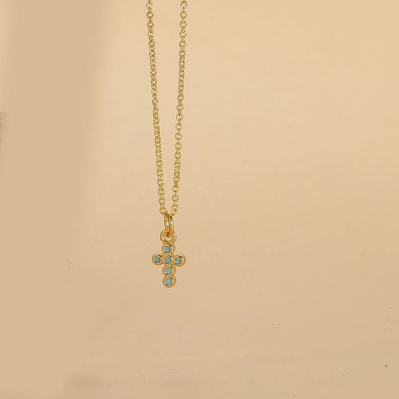 Copper 14K Gold Plated Vintage Style Minimalist Commute Inlay Cross Palm Zircon Pendant Necklace