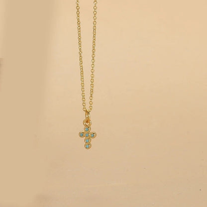 Copper 14K Gold Plated Vintage Style Minimalist Commute Inlay Cross Palm Zircon Pendant Necklace