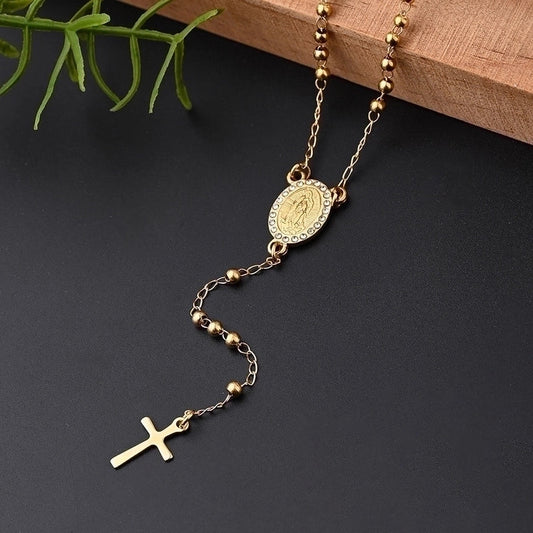 IG Style Casual Classical Cross Round Beads Virgin Mary 304 Stainless Steel Rhinestones 18K Gold Plated Handmade Plating Inlay Necklace
