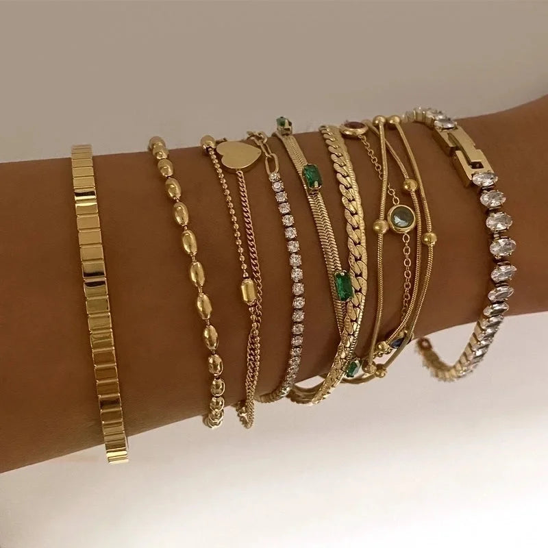 3 Pieces Casual Modern Style Geometric 304 Stainless Steel Zircon 16K Gold Plated White Gold Plated Gold Plated Plating Inlay Bracelets