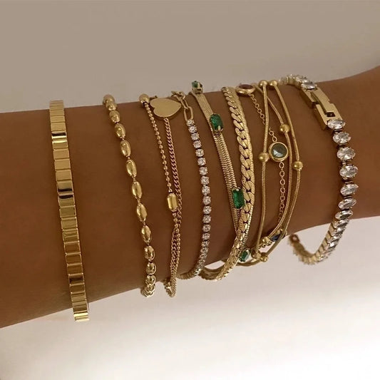 3 Pieces Casual Modern Style Geometric 304 Stainless Steel Zircon 16K Gold Plated White Gold Plated Gold Plated Plating Inlay Bracelets