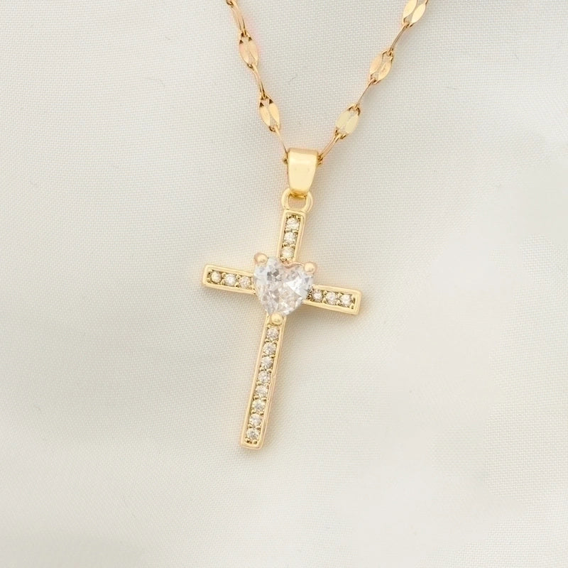 Stainless Steel 18K Gold Plated Vintage Style Plating Inlay Geometric Cross Rhinestones Pearl Zircon Pendant Necklace