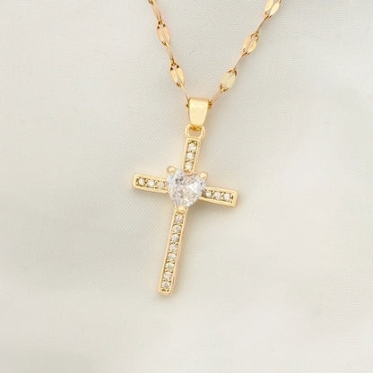 Stainless Steel 18K Gold Plated Vintage Style Plating Inlay Geometric Cross Rhinestones Pearl Zircon Pendant Necklace