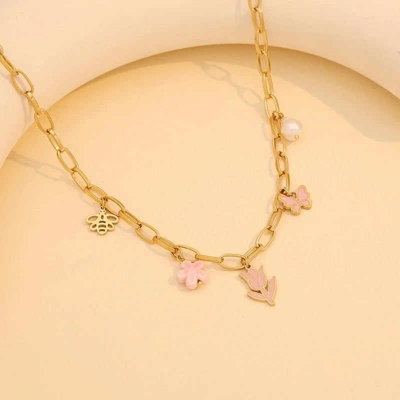 Commute Flower Bow Knot 304 Stainless Steel 18K Gold Plated Multi Charms Epoxy Bracelets Earrings Necklace