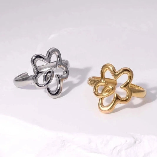 304 Stainless Steel 18K Gold Plated Minimalist Flower Open Rings