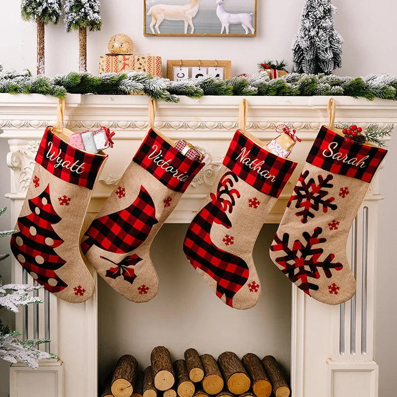 2 Pieces Christmas Stocking Decoration Supplies Red And Black Plaid Burlap Patch Embroidery Children's Gift Bag Holiday Decoration