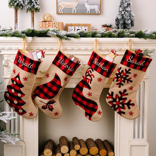 2 Pieces Christmas Stocking Decoration Supplies Red And Black Plaid Burlap Patch Embroidery Children's Gift Bag Holiday Decoration