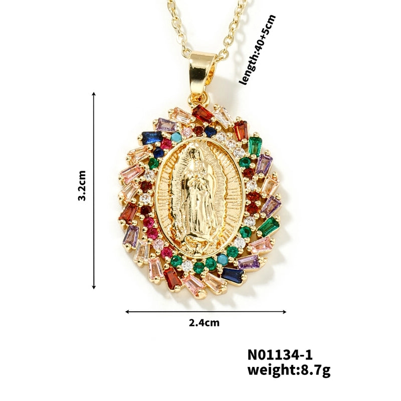 Vintage Style Classic Style Geometric Round Virgin Mary 304 Stainless Steel Copper Zircon K Gold Plated Inlay Pendant Necklace