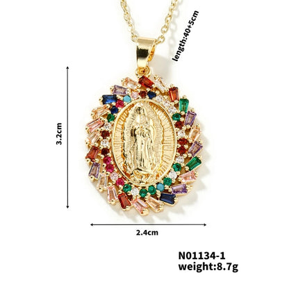 Vintage Style Classic Style Geometric Round Virgin Mary 304 Stainless Steel Copper Zircon K Gold Plated Inlay Pendant Necklace