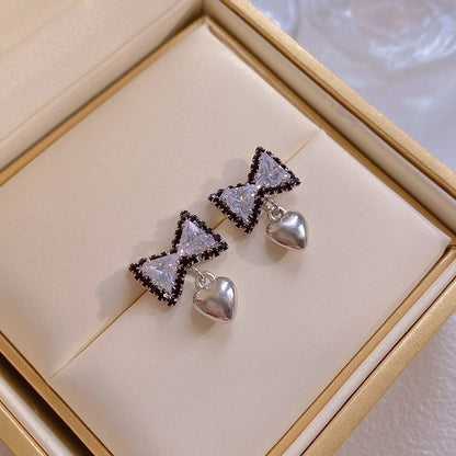 Sweet Heart Shape Bow Knot Copper Inlay Rhinestones Earrings 1 Pair