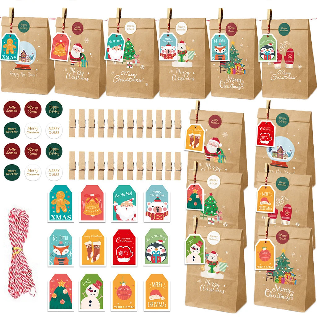 Christmas Gift Bag Christmas Advent Calendar Kraft Paper Gift Bag Christmas Packaging Bag 24 Sets