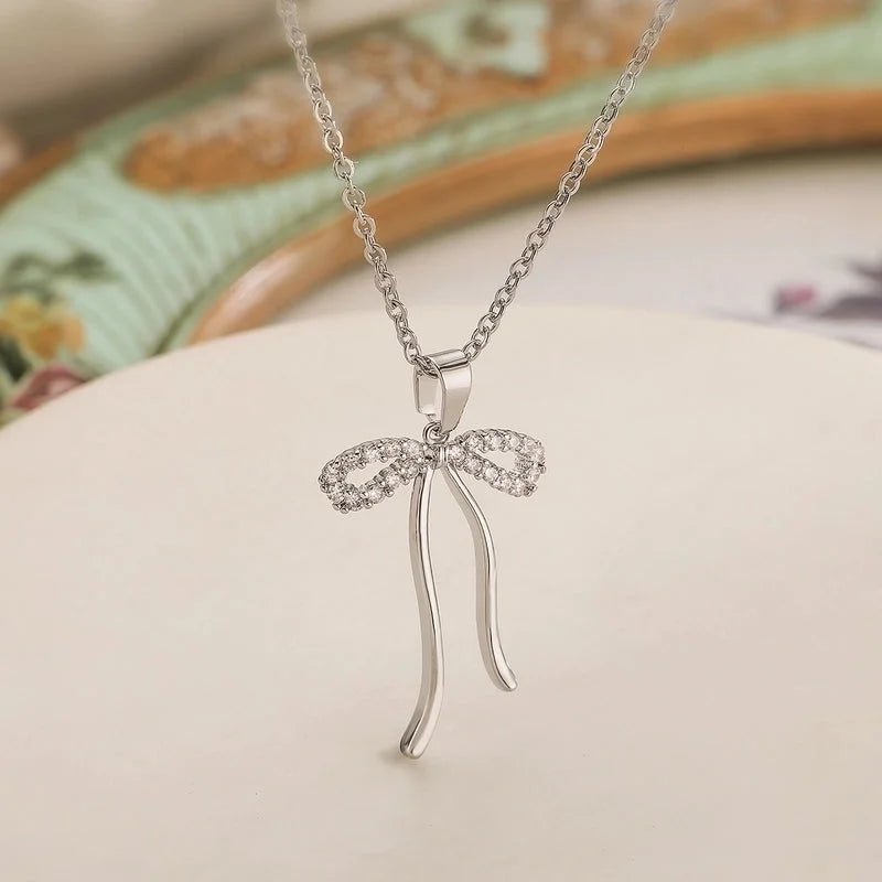 Copper 18K Gold Plated Sweet Minimalist Commute Plating Inlay Bow Knot Zircon Pendant Necklace