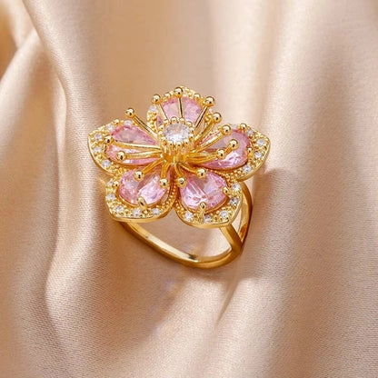 Copper 18K Gold Plated Flower Zirconia Open Rings Rings