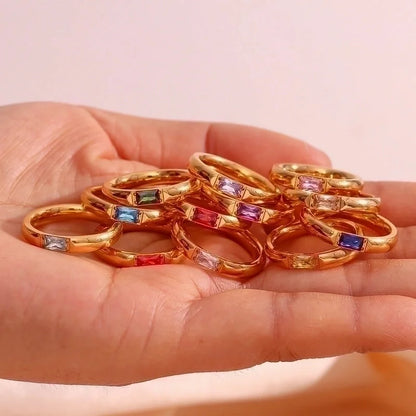 Fashion Rectangle 304 Stainless Steel Birthstone Zircon 18K Gold Plated Plating Rings