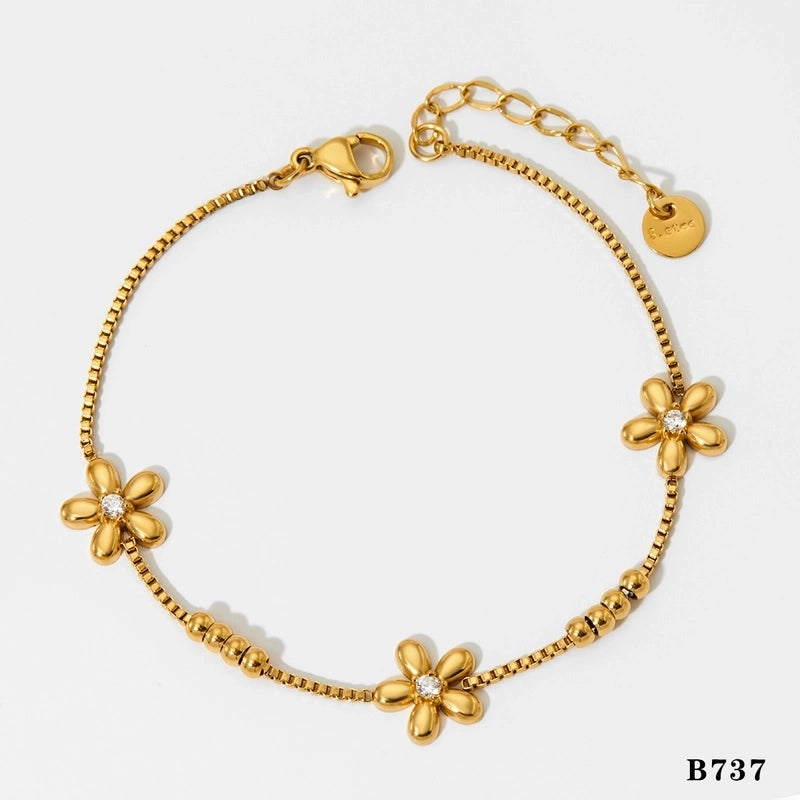 Modern Style Sweet Flower 304 Stainless Steel 16K Gold Plated White Gold Plated Box Chain Bracelets In Bulk
