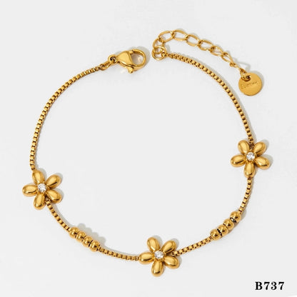 Modern Style Sweet Flower 304 Stainless Steel 16K Gold Plated White Gold Plated Box Chain Bracelets In Bulk