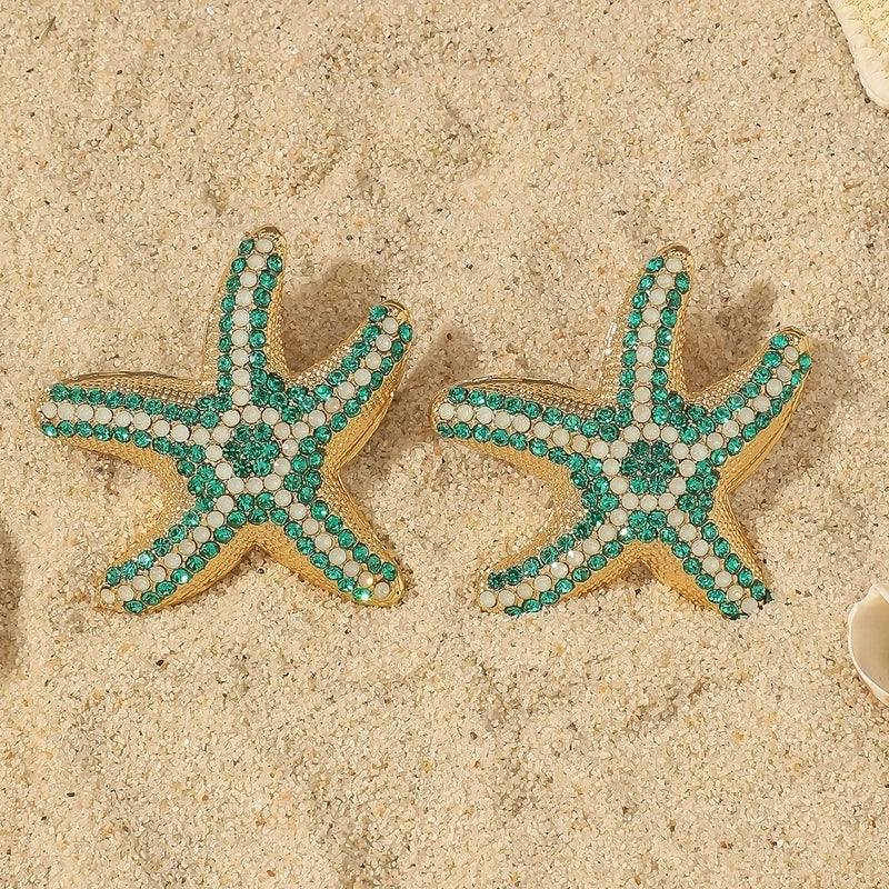 1 Pair Retro Beach Minimalist Starfish Shell Inlay Alloy Rhinestones Pearl Gold Plated Ear Studs
