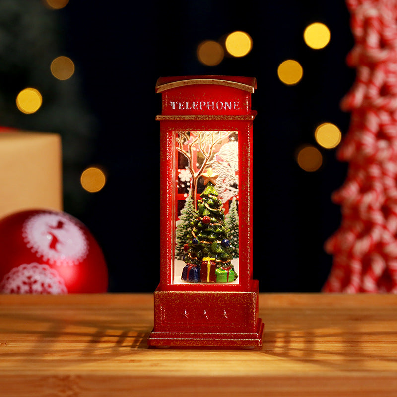 2 Pieces Christmas Light-up Water-filled Christmas Lantern Desktop Ornament Santa Claus Interior Scene Telephone Booth Gift