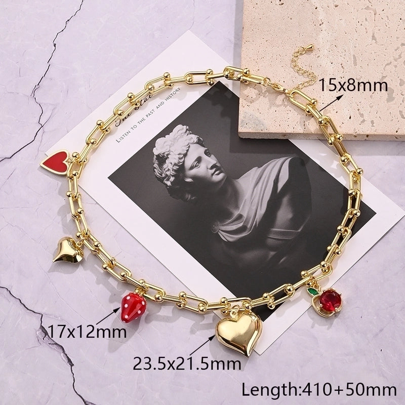 IG Style Cherry Heart Shape Strawberry Copper Zircon 18K Gold Plated Polishing Enamel Plating Bracelets Necklace Jewelry Set