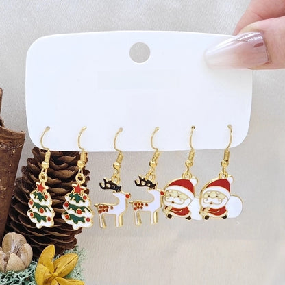 1 Set Cute Santa Claus Snowman Elk Enamel Inlay Alloy Rhinestones Drop Earrings