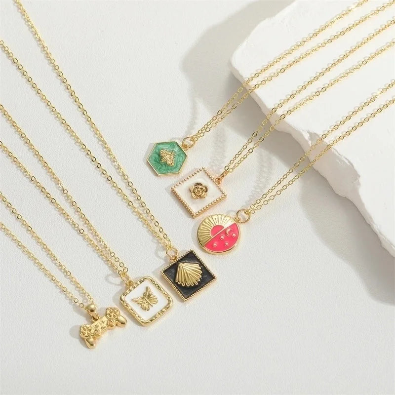 Copper 14K Gold Plated Vintage Style Minimalist Commute Enamel Inlay Butterfly Zircon Pendant Necklace