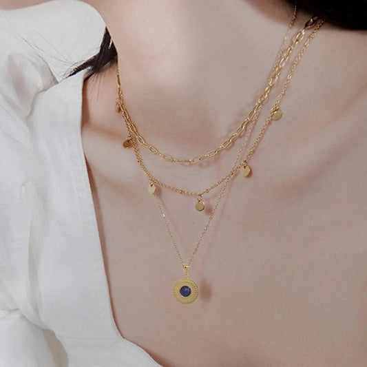 Elegant Streetwear Geometric Paper Clip Round Titanium Steel Natural Stone 14K Gold Plated Plating Inlay Pendant Necklace Necklace