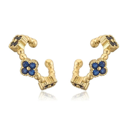 Temperament Entry Lux Copper Inlaid Color Diamond Clover Opening Ear Clip Niche High Sense Flower Petals Ear Rings Direct Sales