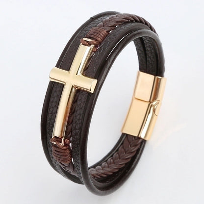 Casual Streetwear Cross 304 Stainless Steel Pu Leather Copper 18K Gold Plated Copper Bangle In Bulk