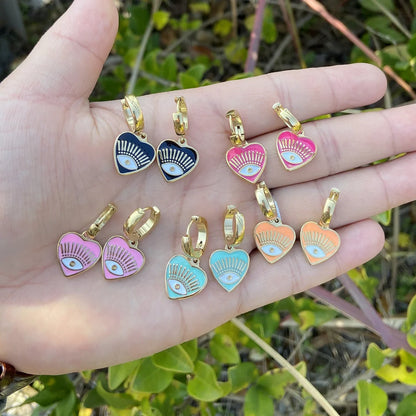 Women Eye Bohemian Heart Stainless Steel Oil Dripping Earrings