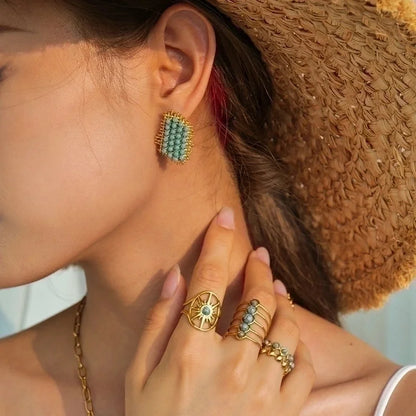 Artistic Geometric 304 Stainless Steel Turquoise Plating Inlay Open Rings