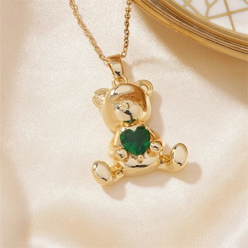 304 Stainless Steel Copper K Gold Plated Cute Sweet Korean Style Three-dimensional Inlay Little Bear Zircon Pendant Necklace